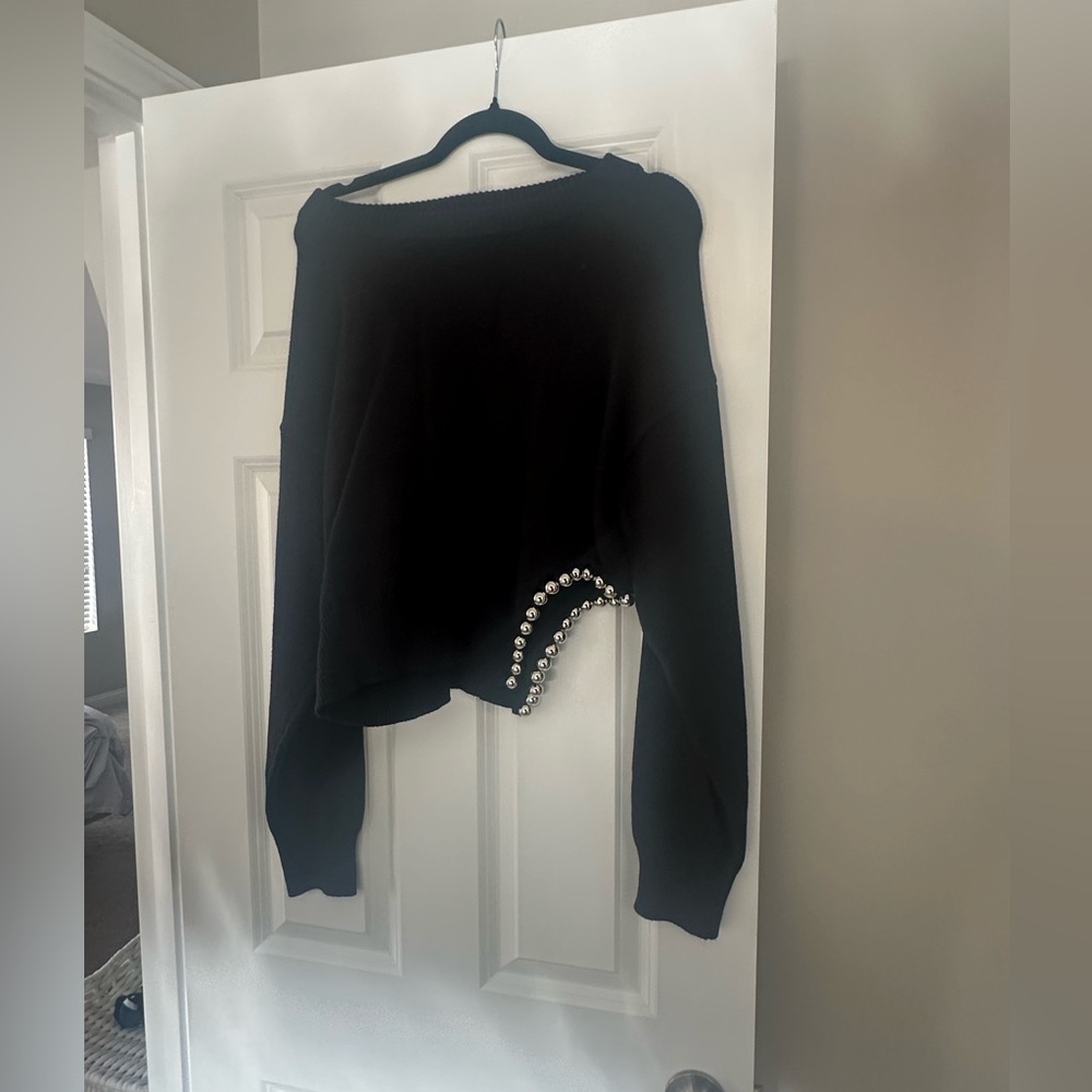 Black Metal Pearl Beaded Knit Sweater